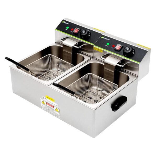 Restaurantware Hi Tek - Freidora de doble tanque de 20 libras, 1 freidora comercial de alta resistencia, esfera de tempe