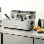 Restaurantware Hi Tek - Freidora de doble tanque de 20 libras, 1 freidora comercial de alta resistencia, esfera de tempe