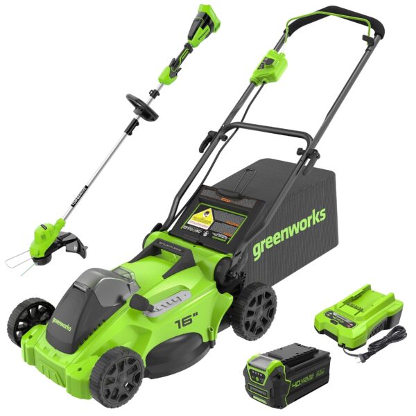 Combo Cortacésped Inalámbrico Greenworks 40V 16 pulgadas sin escobillas y Recortadora de Cuerda TORQDRIVE 40V 15 pulgada