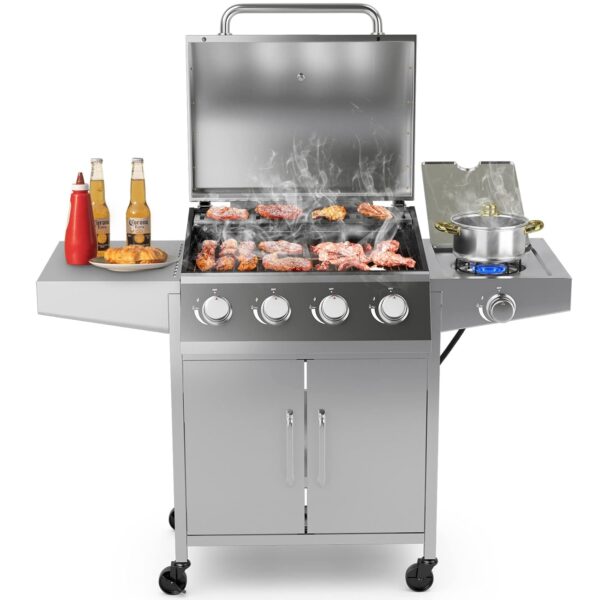 Parrilla de Gas Propano Giantex NP10898US-SL 4 Quemadores Principales 1 Quemador Lateral 50000 BTU Acero Inoxidable 460