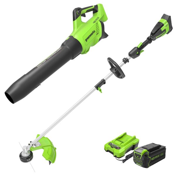 Kit Combinado Cortadora de Cuerda y Soplador Sin Escobillas Greenworks 40V STBL40L301 16 pulgadas 550 CFM Batería 4.0 Ah