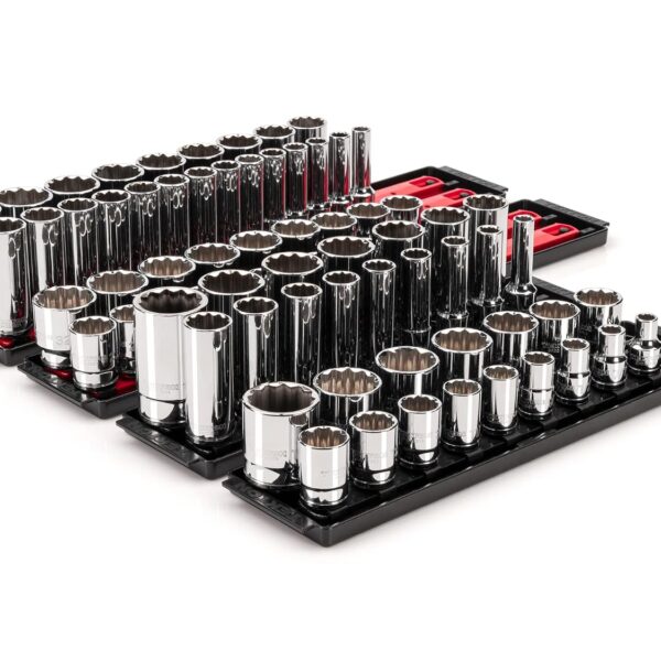 TEKTON Juego de llaves de vaso de 12 puntos poco profundas y profundas de 1/2 pulgada con rieles y bandejas, 78 piezas (