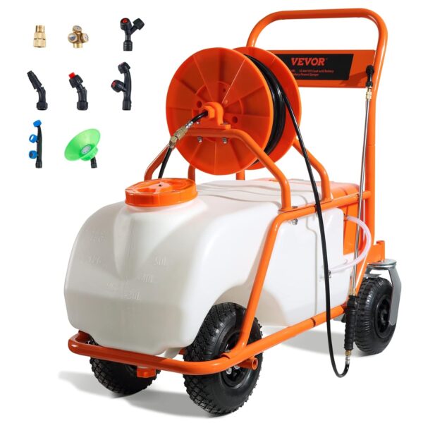 Pulverizador de Jardín VEVOR KF-60C-1 15 Galones con Batería Carrito con Ruedas Manguera 126 Pies 8 Boquillas 2 Varitas