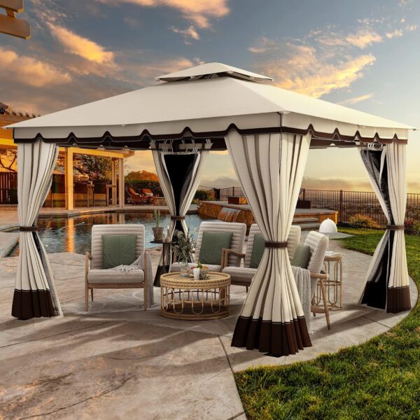 Gazebo YITAHOME MAYIH0009136MA 10 x 12 pies Doble Techo Marco de Acero Aleado Mosquitera y Cortinas Color Caqui