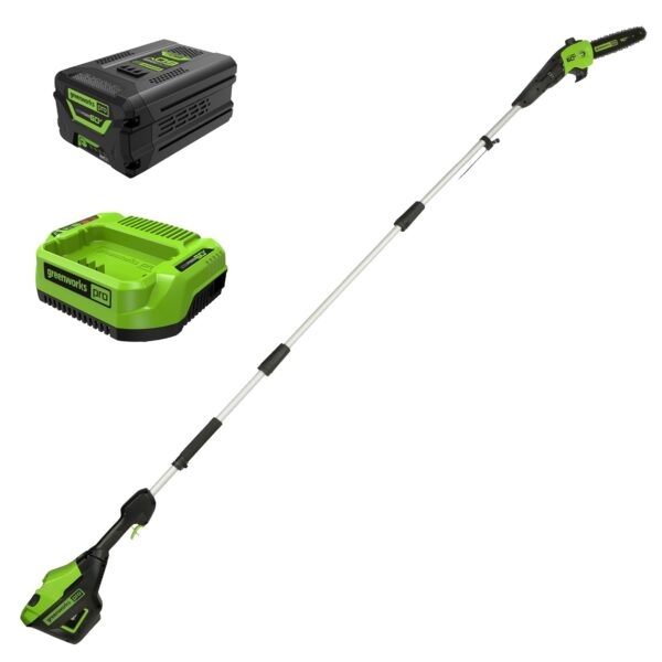 Sierra de Poste Greenworks 1405602 60V 10 pulgadas sin escobillas alcance 14.5 pies batería 2.0Ah y cargador