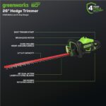 Cortasetos Inalámbrico Greenworks HT60L211 60V 26 Pulgadas Motor Sin Escobillas Batería 2.0Ah y Cargador Incluidos