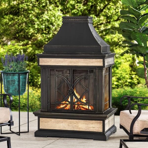 Chimenea Exterior Sunjoy A304001005 Acero Aleado y Cerámica Negro con Reflejos Dorados 35.43x23.62x56.69 Pulgadas