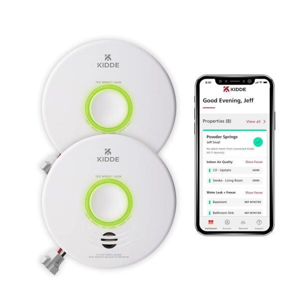 Kidde Detector de humo inteligente y aire interior, monitor de calidad, WiFi, dispositivo compatible con Alexa, cableado