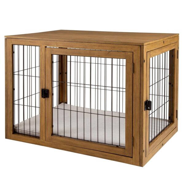 Jaula para Perros PETMAKER PET6307 Madera de Acacia Puertas Dobles y Cojín Acolchado Color Natural 40.94x28.34x32 pulgad