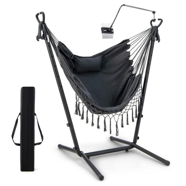 Silla Hamaca Giantex GT10958GR-NP con Soporte Metálico Color Gris Altura Ajustable 6 Niveles Soporte para Teléfono Bolsi