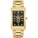 Reloj Bulova Nuestra Señora de Guadalupe 97P169 Acero Inoxidable Tono Dorado con Diamantes Esfera Negra Rectangular