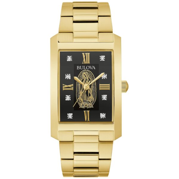 Reloj Bulova Nuestra Señora de Guadalupe 97P169 Acero Inoxidable Tono Dorado con Diamantes Esfera Negra Rectangular