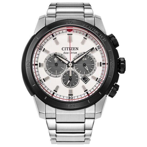 Reloj Citizen Eco-Drive Brycen para Hombre Cronógrafo Acero Inoxidable Plateado Esfera Blanca Resistente al Agua 100 Met