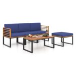 Juego de Patio Tangkula 5 Piezas Modelo 70981-HW-TA Madera de Acacia Forma de L Azul Marino con Otomana y Mesa Auxiliar