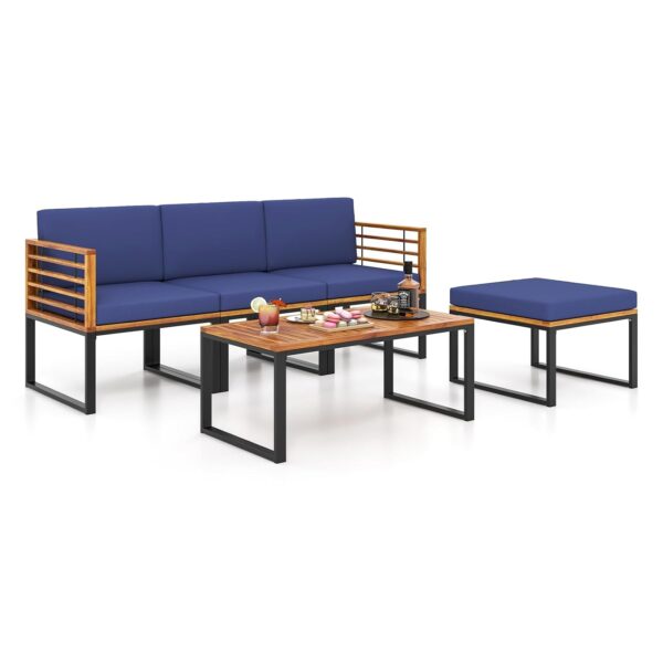 Juego de Patio Tangkula 5 Piezas Modelo 70981-HW-TA Madera de Acacia Forma de L Azul Marino con Otomana y Mesa Auxiliar