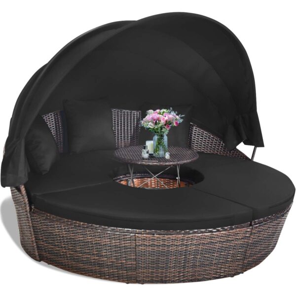 Sofá Cama Redondo para Patio COSTWAY Patio Round Daybed con Toldo Retráctil Ratán PE Negro