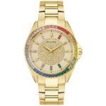 Reloj Bulova Crystal Phantom 97A179 Acero Inoxidable Tono Dorado Bisel Cristal Arcoíris Esfera Dorada Pavé Hombre 3 Mane