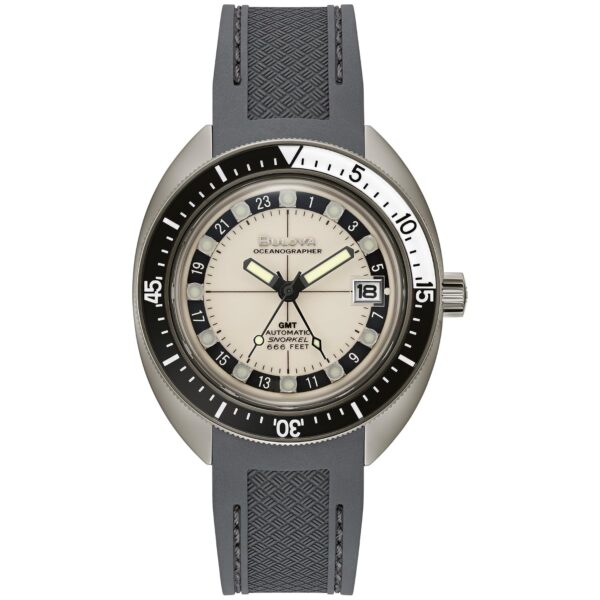 Reloj Automático Bulova Oceanographer GMT Snorkel 98B407 Caja Acero Inoxidable 41mm Correa Silicona Gris