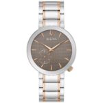 Reloj Bulova Latin Grammy Modern Futuro Mujer 98L309 Acero Inoxidable Dos Tonos Oro Rosa Esfera Gris Texturizada Caja 35