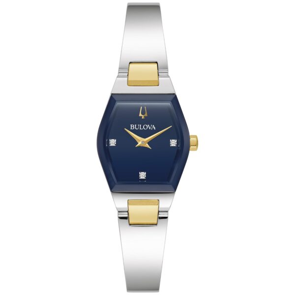 Reloj Bulova Gemini para Mujer Modelo 98P218 Acero Inoxidable Bicolor Plata y Oro Forma Tonneau Esfera Azul con Diamante