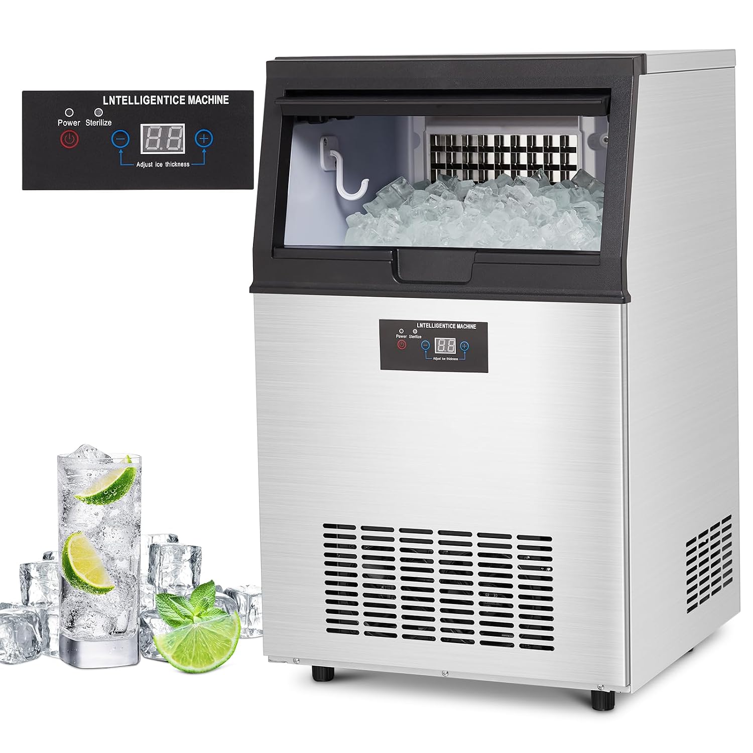 GARVEE Máquina comercial para hacer hielo de 110 libras/24 horas, máquina de hielo de acero inoxidable debajo del mostra