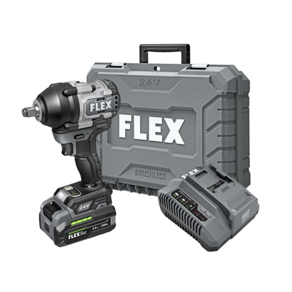 Llave de Impacto Inalámbrica FLEX FX1451-1F 24 V 1/2 Pulgada 750 Pies Libra con Batería de Litio Apilable 3.5 Ah y Carga