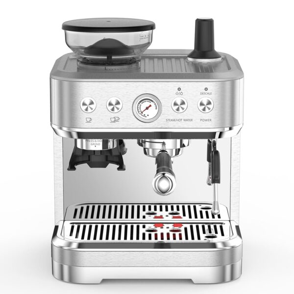 OMTech Máquina de café expreso - 15 bar, espumador de leche, molinillo, bomba italiana, tanque de 2.5 L, acero inoxidabl