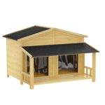 Casa para Perros KELRIA EOB90050FD 47.2 Pulgadas Madera de Pino Color Natural con Porche Piso Elevado y 2 Puertas