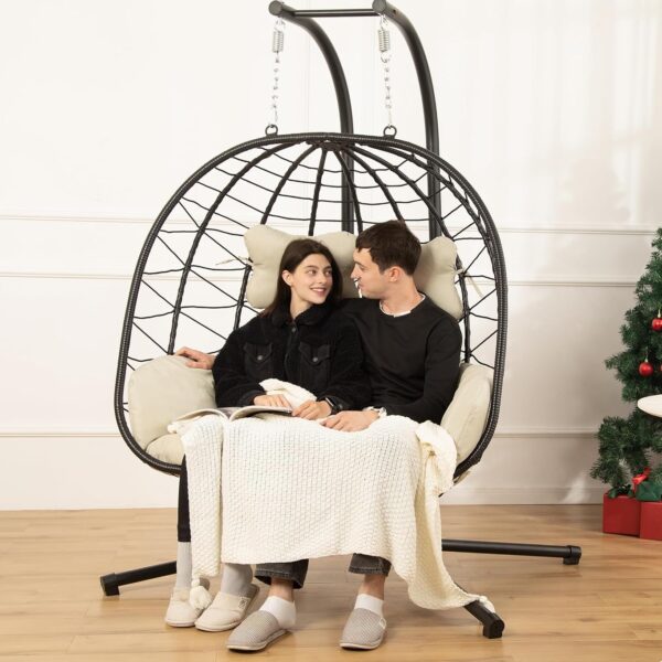Silla Columpio Doble DoubleTT OT017-BLACK-beige-1 Soporte Tipo Huevo de Ratán Capacidad 700 Libras
