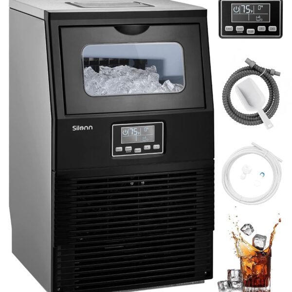 Silonn Máquina comercial para hacer hielo, 84 libras/24 horas con contenedor de 30 libras, construcción de acero inoxida