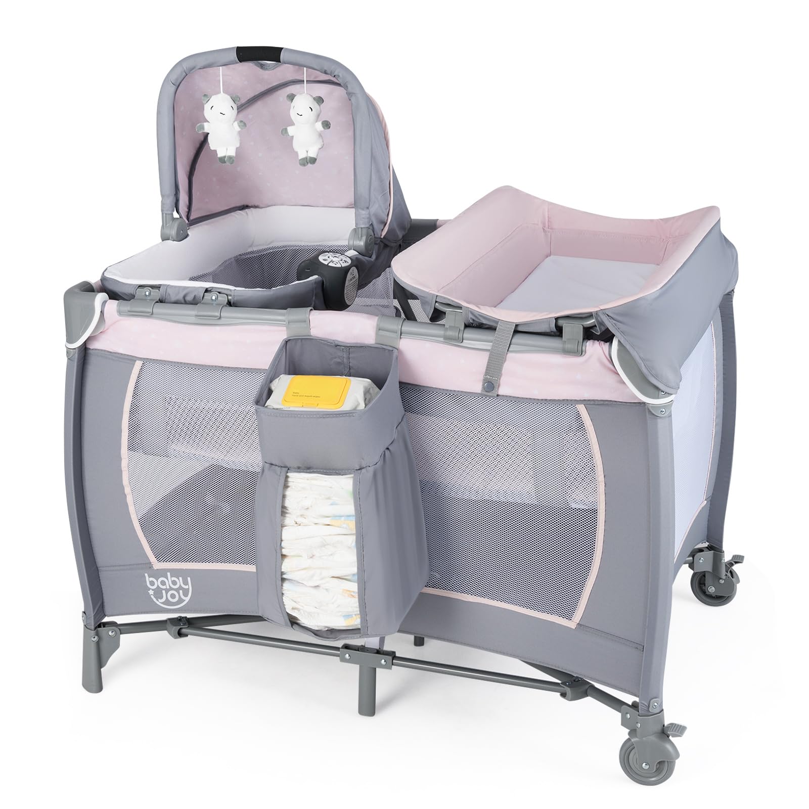 BABY JOY Parque infantil 5 en 1, corralito portátil para bebé con moisés y mesa cambiador de pañales, cuna moisés rosa p