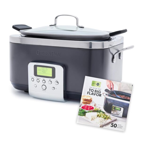 Olla eléctrica programable GreenPan Elite de cocción lenta 8 en 1 6 cuartos de galón tapa de vidrio color grafito