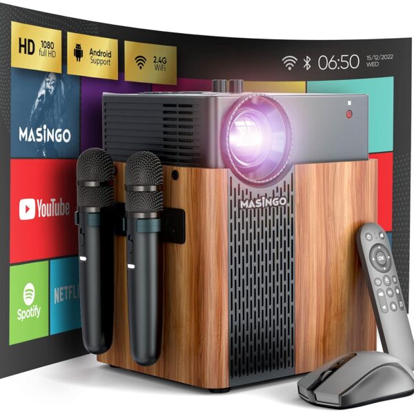 Máquina de Karaoke MASINGO Illuminato Q4 Proyector 1080p WiFi Altavoz y 2 Micrófonos Inalámbricos Color Madera