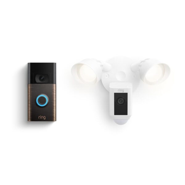 Paquete Ring Floodlight Cam Wired Plus Blanco y Ring Video Doorbell Bronce Veneciano Cámara de Seguridad HD 1080p con Re