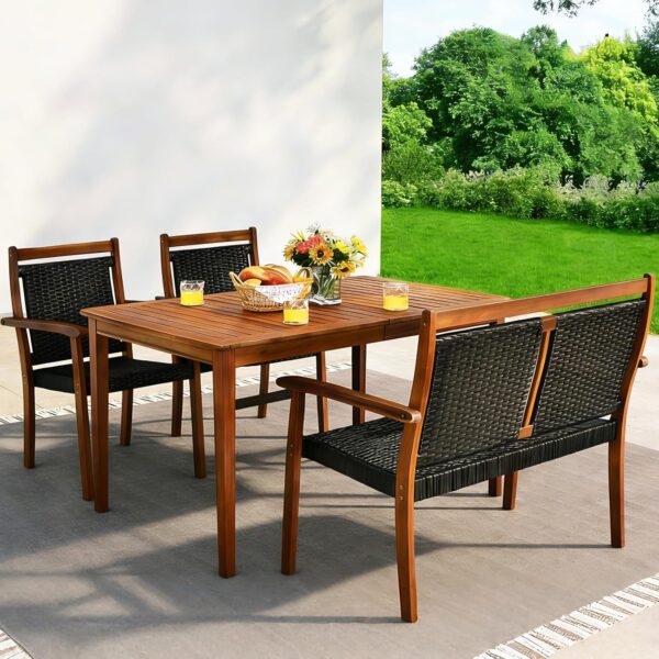 Juego de comedor de patio COSTWAY GT-72111+-HW 4 piezas ratán PE marco de madera de acacia con agujero para sombrilla