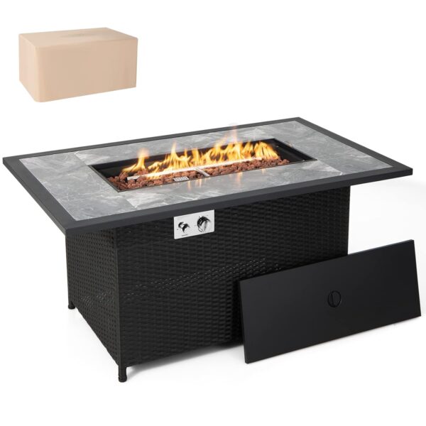 Mesa de Fuego de Propano para Patio COSTWAY 10343DK-CYPN 52 Pulgadas 50000 BTU Mármol y Ratán con Cubierta Protectora