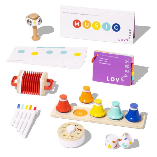 Set de Música Lovevery Music 6 Instrumentos Musicales Montessori con Libro de Ritmos y Canciones Madera Certificada FSC