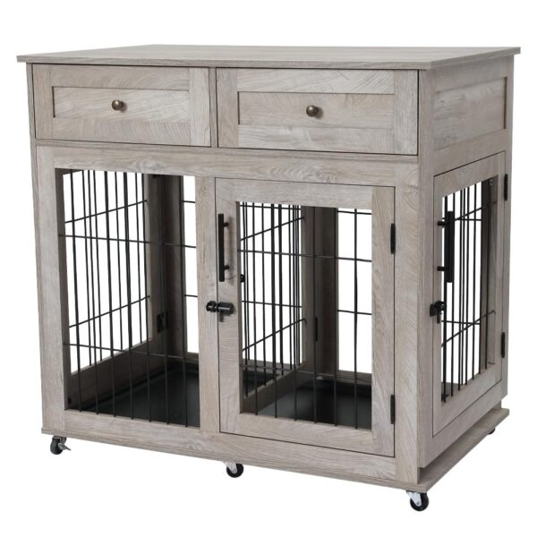 Mueble Jaula para Perros LALFPET MDLX-D4 2 Habitaciones con Cajones y Ruedas Giratorias 360 Grados Gris