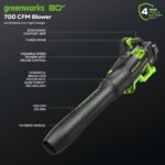Soplador de Hojas Inalámbrico Greenworks BL80L2515 80V 700 CFM 170 MPH Sin Escobillas