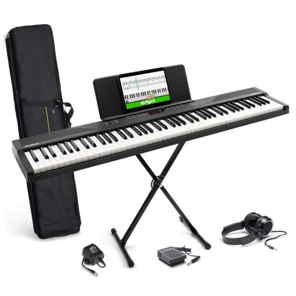 Alesis Piano de teclado de 88 teclas con 480 sonidos, altavoces, USB MIDI, bolsa de transporte, soporte, auriculares, pe