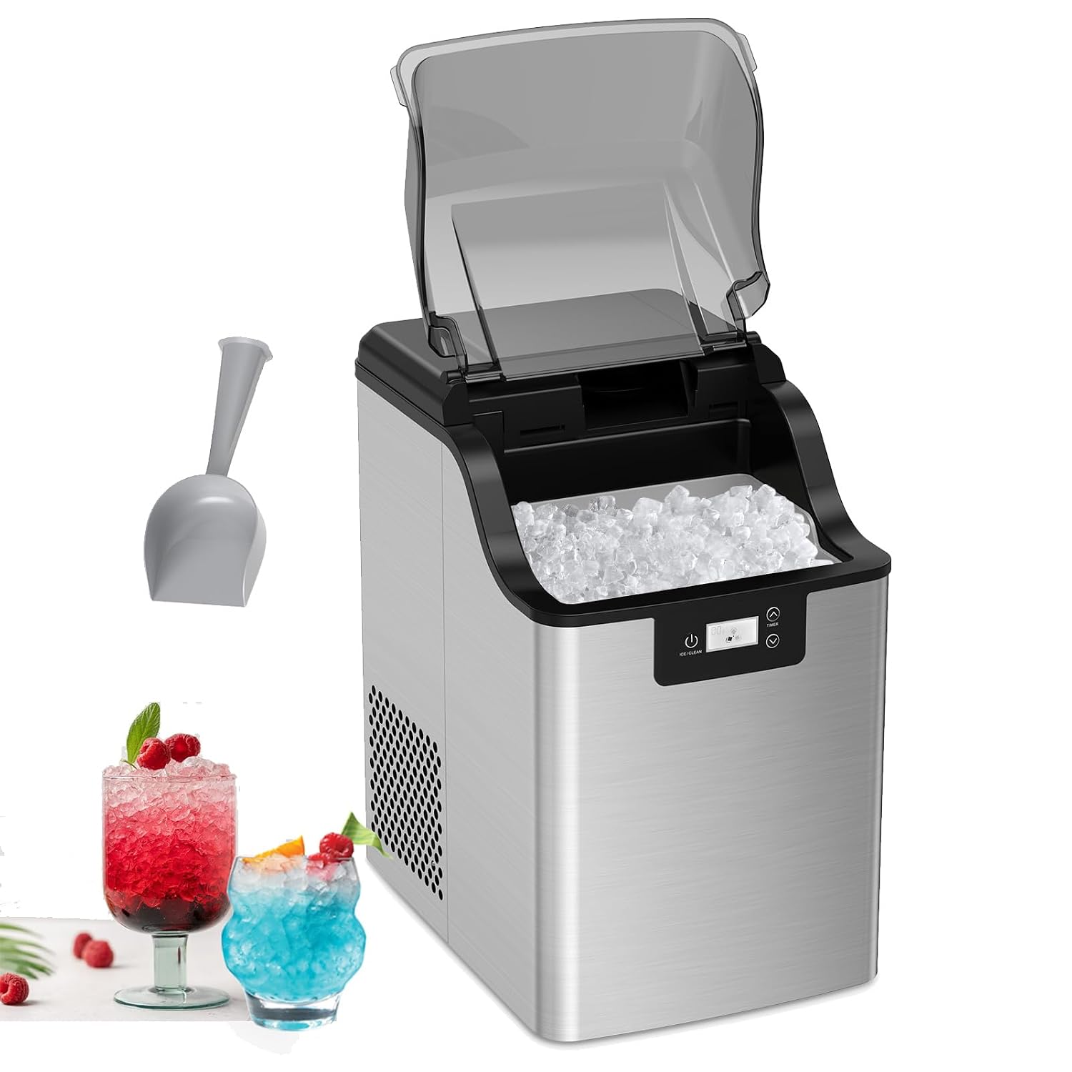 Máquina de hielo de 44 libras/24 horas, con cuchara de hielo independiente y máquina de hielo portátil de acero inoxidab
