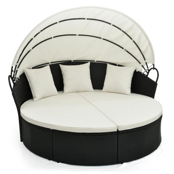 Sofá Cama Redondo para Patio Tangkula 71564-WH con Toldo Retráctil Ratán PE Negro Blanco Hueso