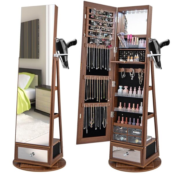 Armario de Joyería Byroce GT-MA48000UI Giratorio 360 Grados con Espejo de Cuerpo Completo y Cerradura Nogal