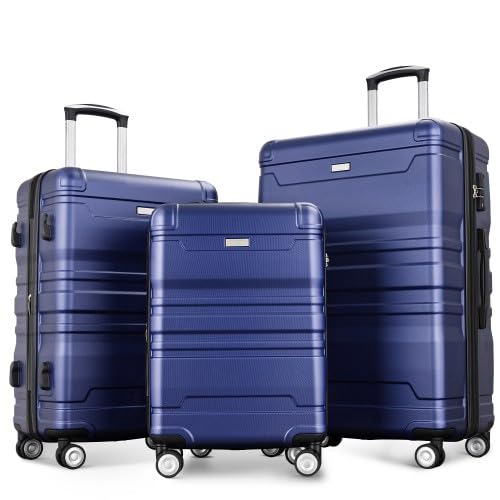 FridayParts Juego de Equipaje PP310829AAM 3 Piezas ABS Expandible 20 24 28 Pulgadas Azul Marino con Bloqueo TSA