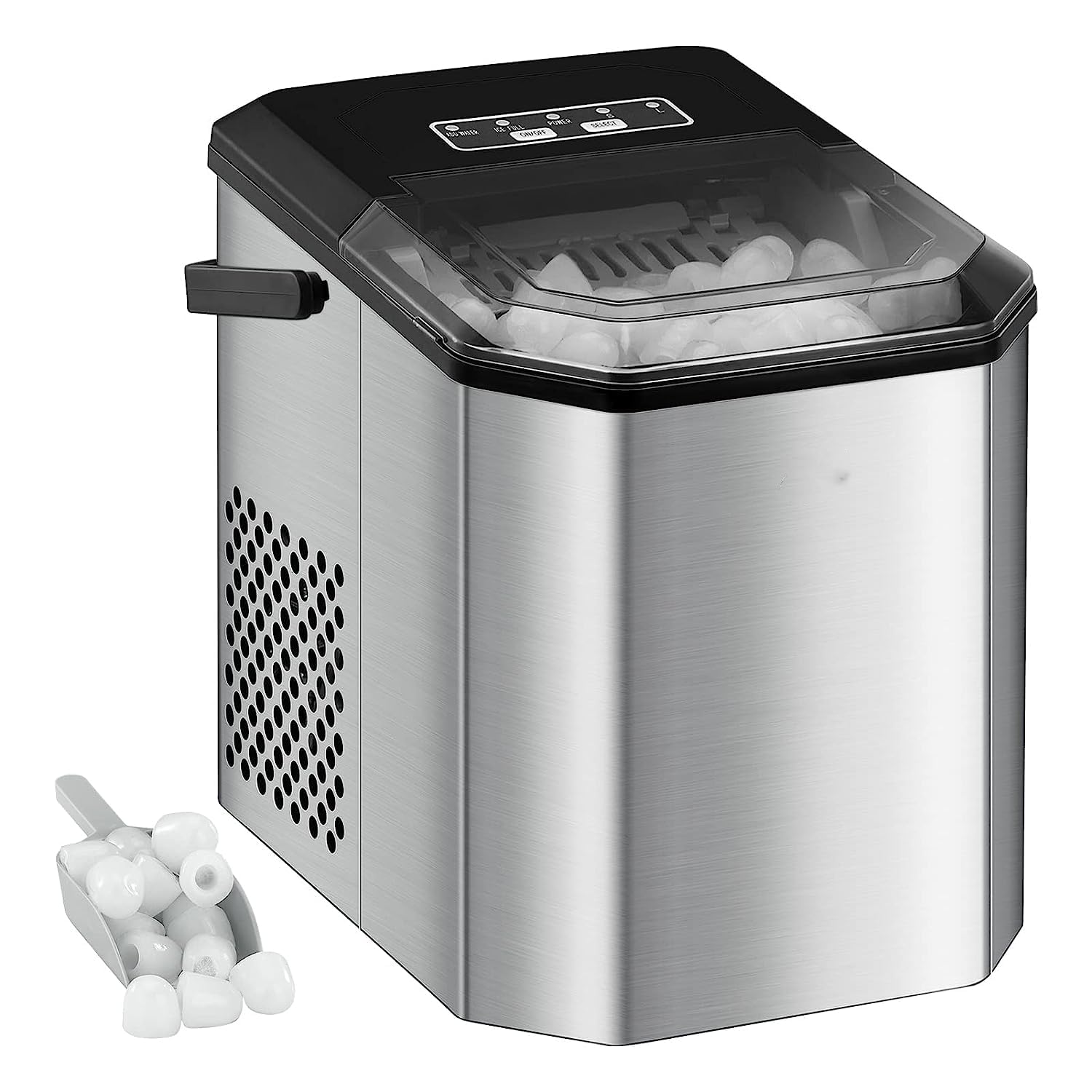 Máquina de hielo para encimera, máquina de hielo de acero inoxidable, 44 libras/24 horas, función de autolimpieza y temp