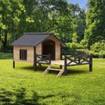 Casa para Perros Tzou PHO_10QP de Madera con Porche Ventana de Ventilación Resistente al Agua Color Marrón 66.92x32.67x4