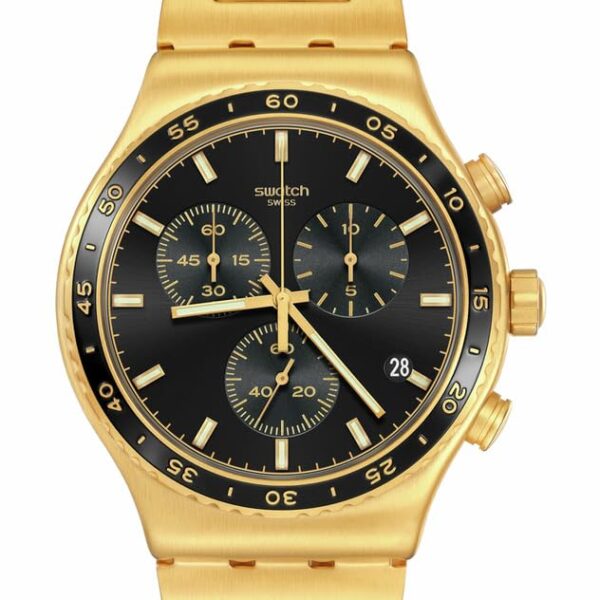 Reloj Swatch YVG418G Unisex Cronógrafo Caja Redonda 43 mm Correa de Acero Inoxidable Color Oro Dial Negro Resistente al