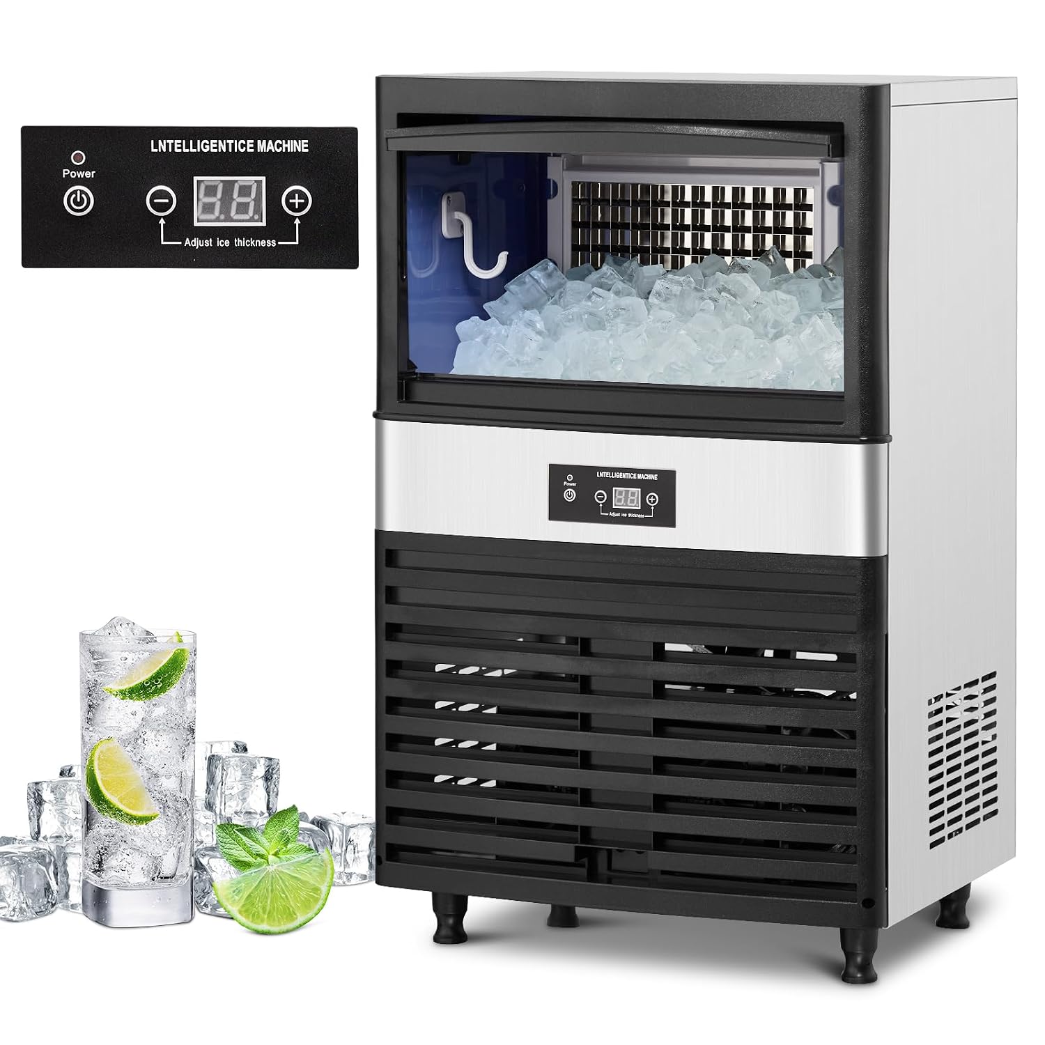 PIONEERWORKS Máquina comercial para hacer hielo, capacidad de 130 libras, contenedor de hielo de 40 libras, botón de aut