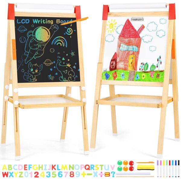 Caballete de Arte para Niños Babevy PTO_0YT29PEL-N-1 con Tableta LCD y Pizarra Blanca Magnética Doble Cara Madera de Pin