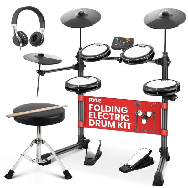 Pyle Juego de batería electrónica con 4 almohadillas de malla silenciosas, 180 estilos de sonido, 3 platillos, 2 pedales